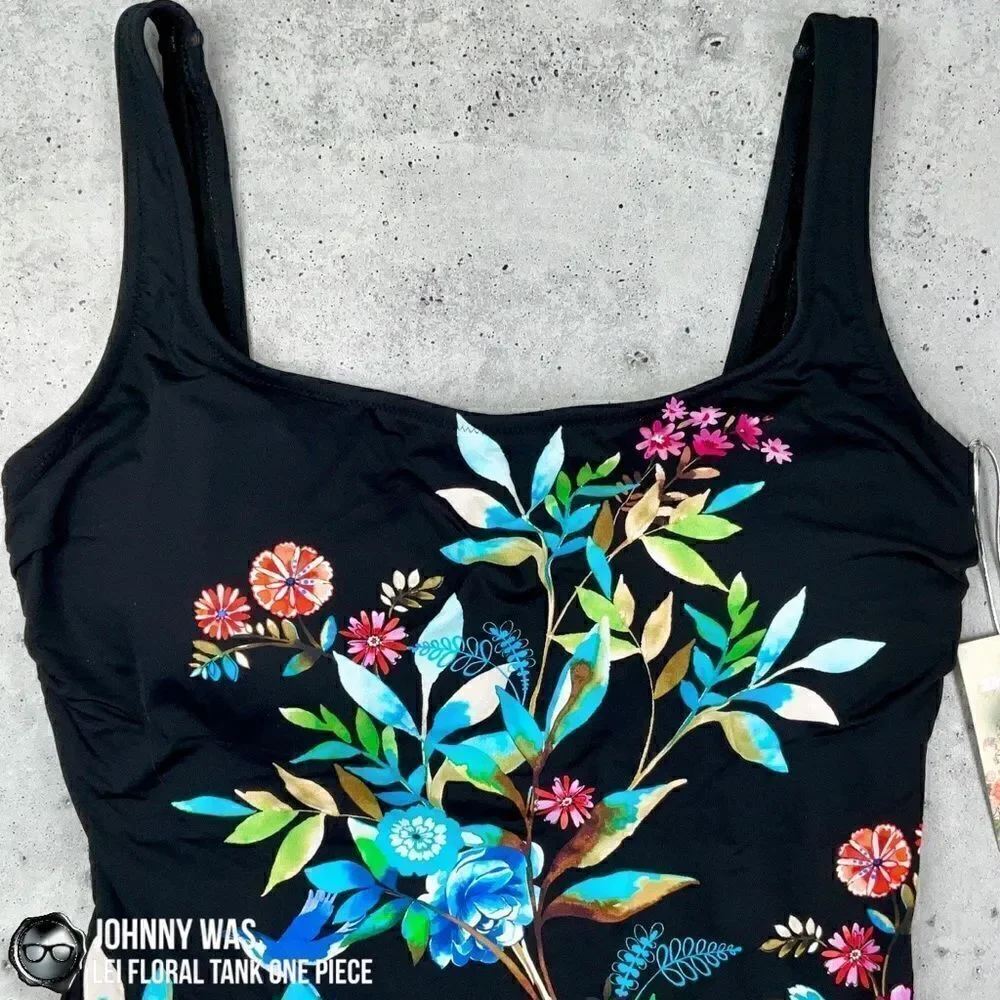 JOHNNY WAS LEI FLORAL TANK ONE PIECE PLUS SIZE 2X SWIMSUIT IN BLACK FLORAL NEW